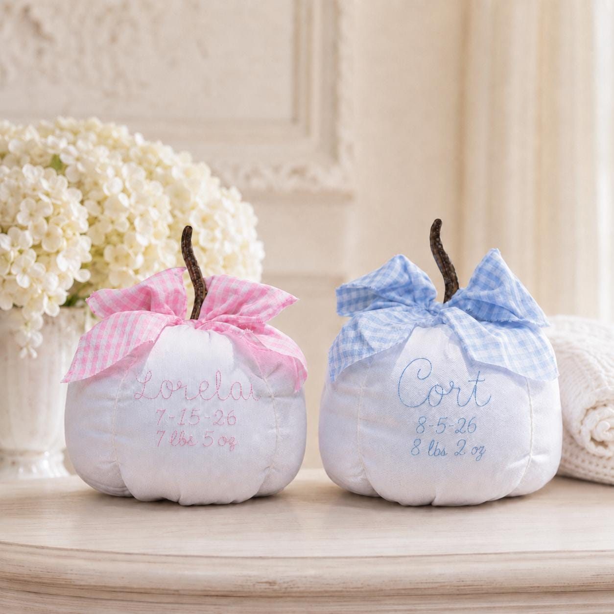Personalized Baby's First Pumpkin, Blue Gingham Bow Birth Details Keepsake