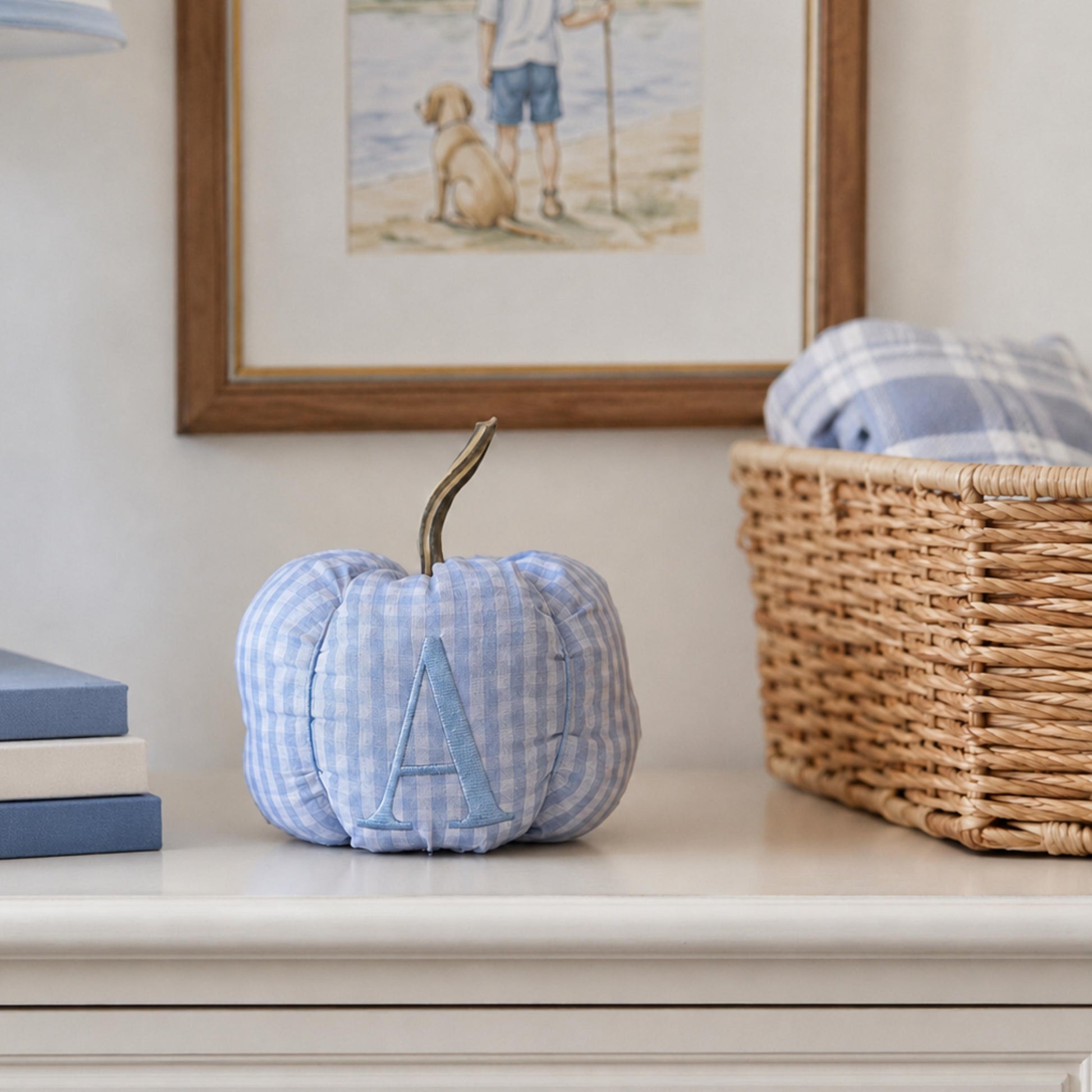 Personalized Blue Gingham Fabric Pumpkin, Monogrammed Nursery Decor, Heirloom Fall Accent