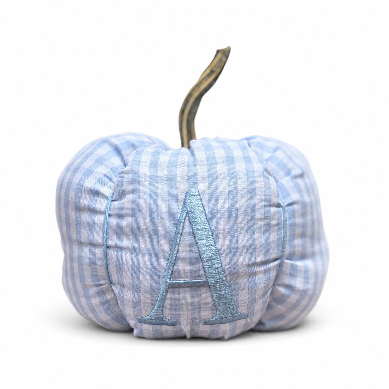 Personalized Blue Gingham Fabric Pumpkin, Monogrammed Nursery Decor, Heirloom Fall Accent