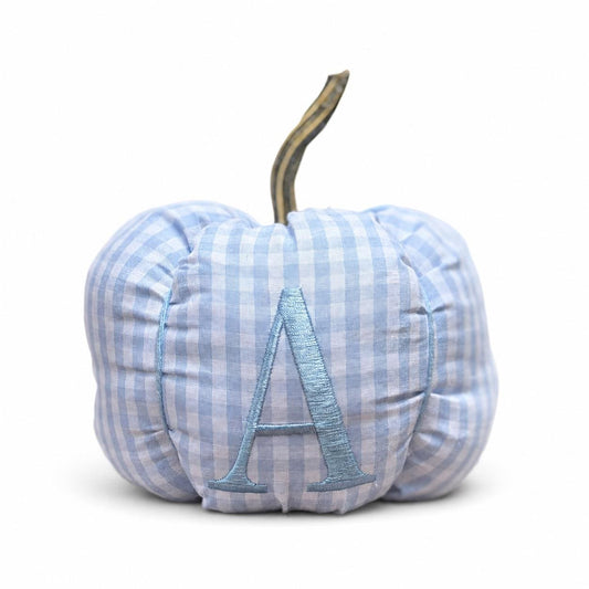 Personalized Blue Gingham Fabric Pumpkin, Monogrammed Nursery Decor, Heirloom Fall Accent