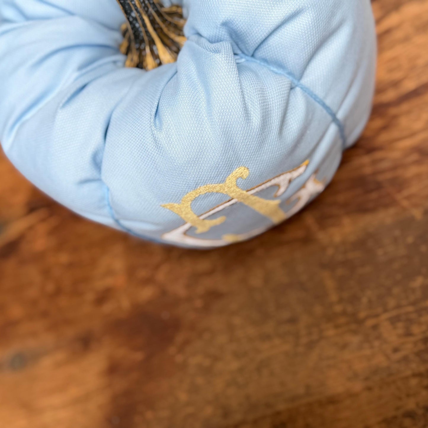 Top view of the personalized blue monogram pumpkin and resin stem
