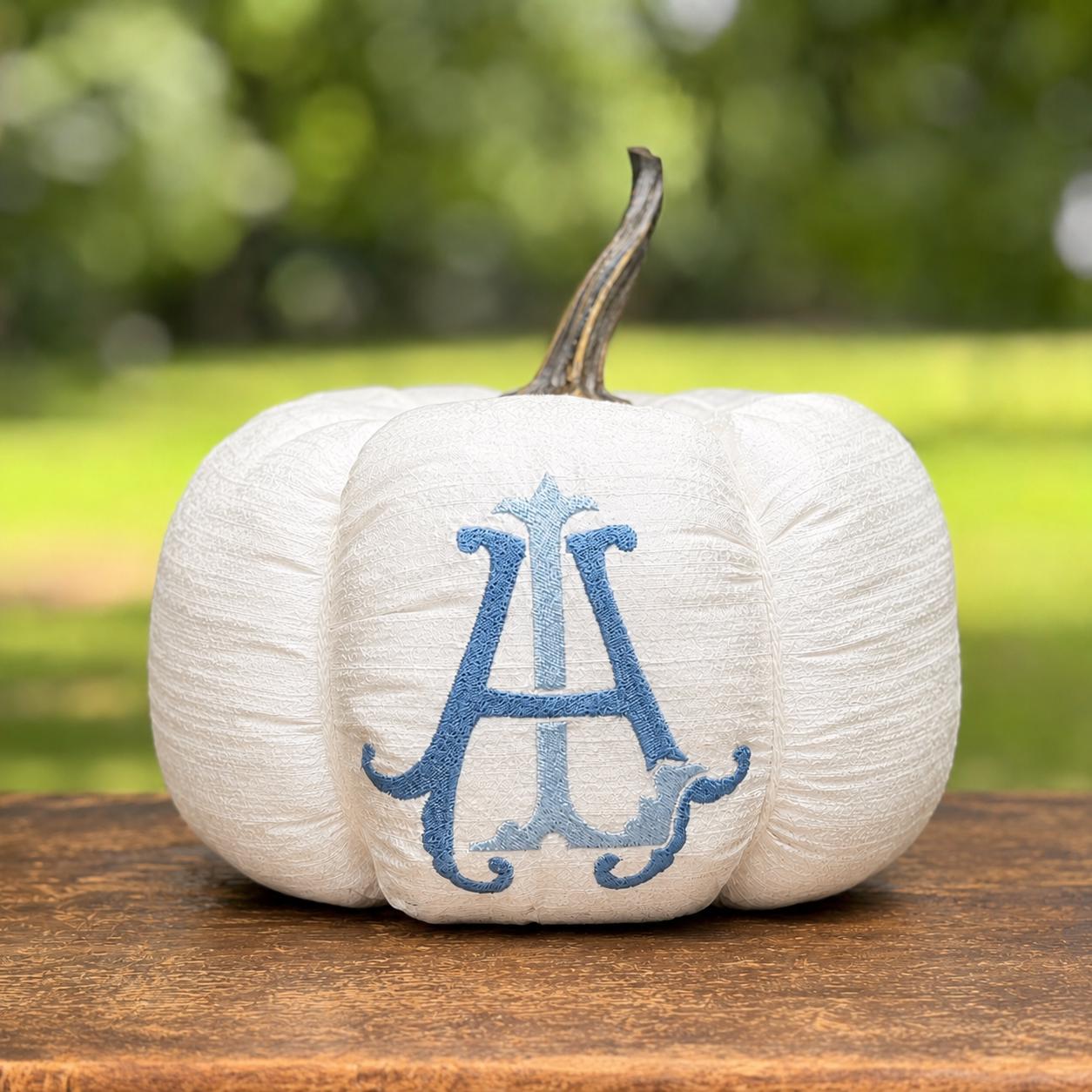 Monroe personalized silk monogram pumpkin in the River Birch Blues palette