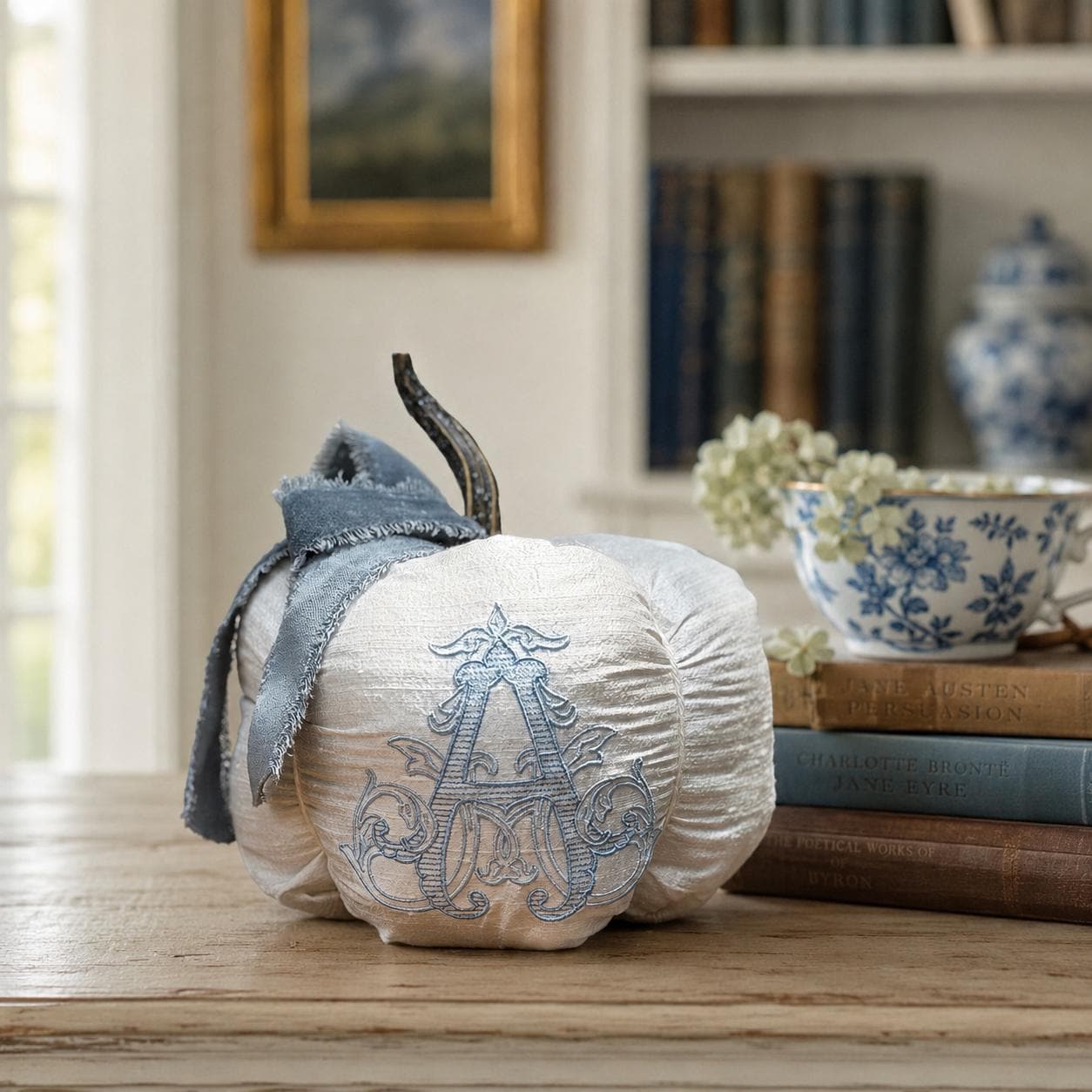 Chateau personalized velvet bow pumpkin in the River Birch Blues palette