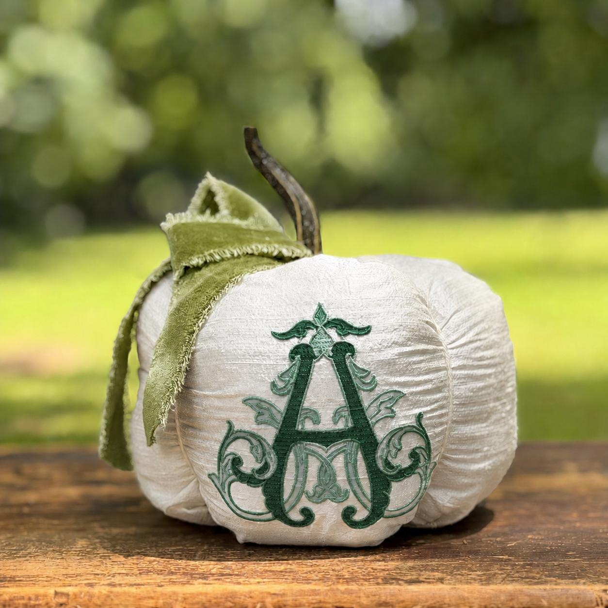 Chateau personalized velvet bow pumpkin in the Foliage green palette