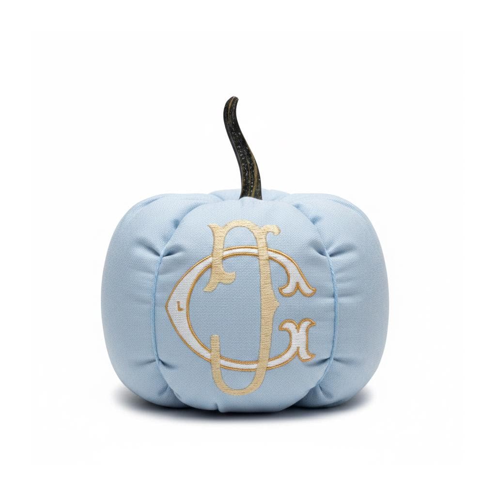 Personalized blue monogram pumpkin in Hydrangea cotton piqué with layered gold embroidery