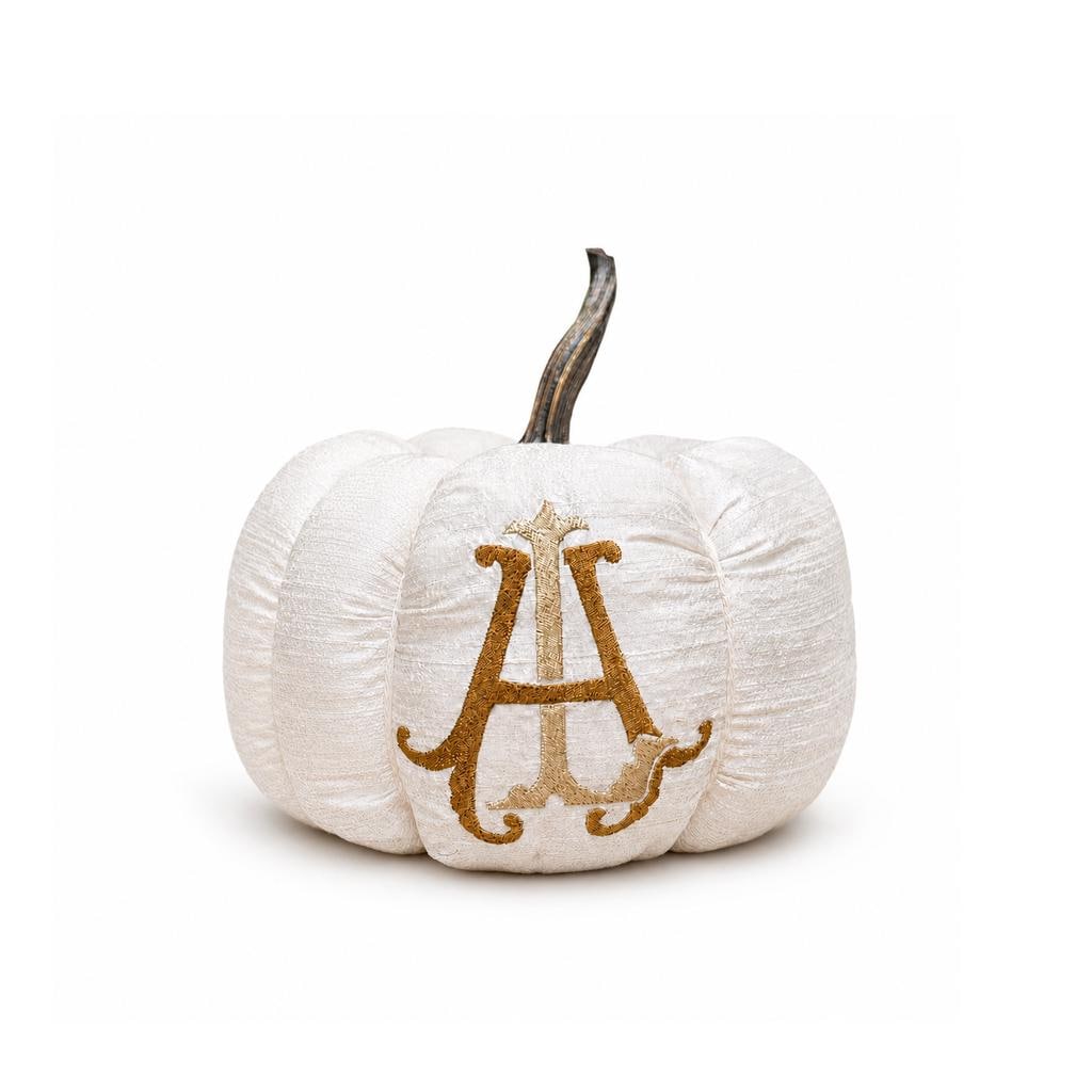Personalized silk monogram pumpkin in ivory dupioni with layered gold initials and resin stem