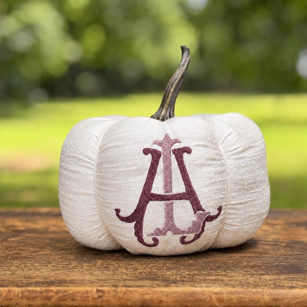 Personalized silk pumpkin with a layered Autumn Rose monogram on ivory dupioni