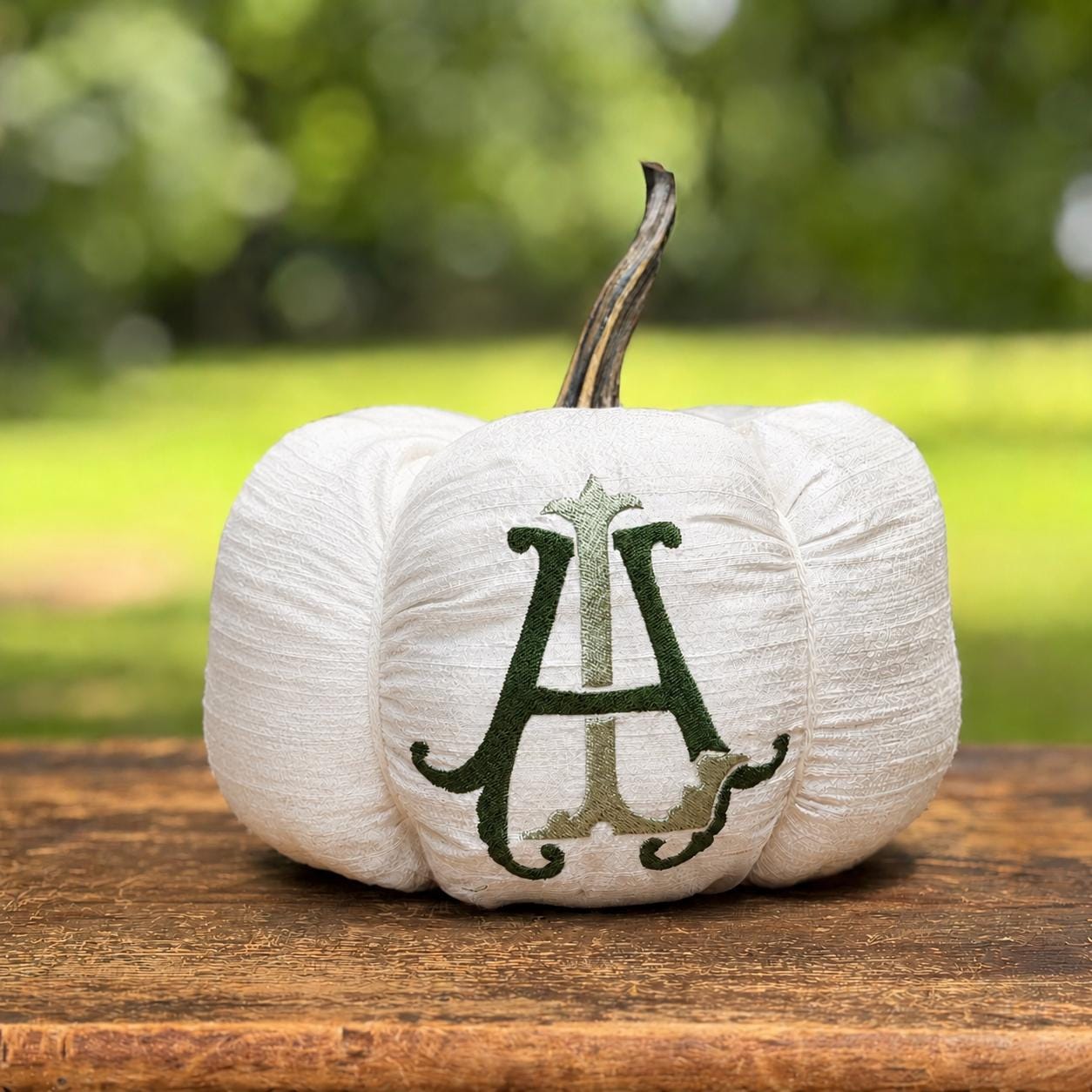 Personalized silk monogram pumpkin in the River Birch Foliage green palette