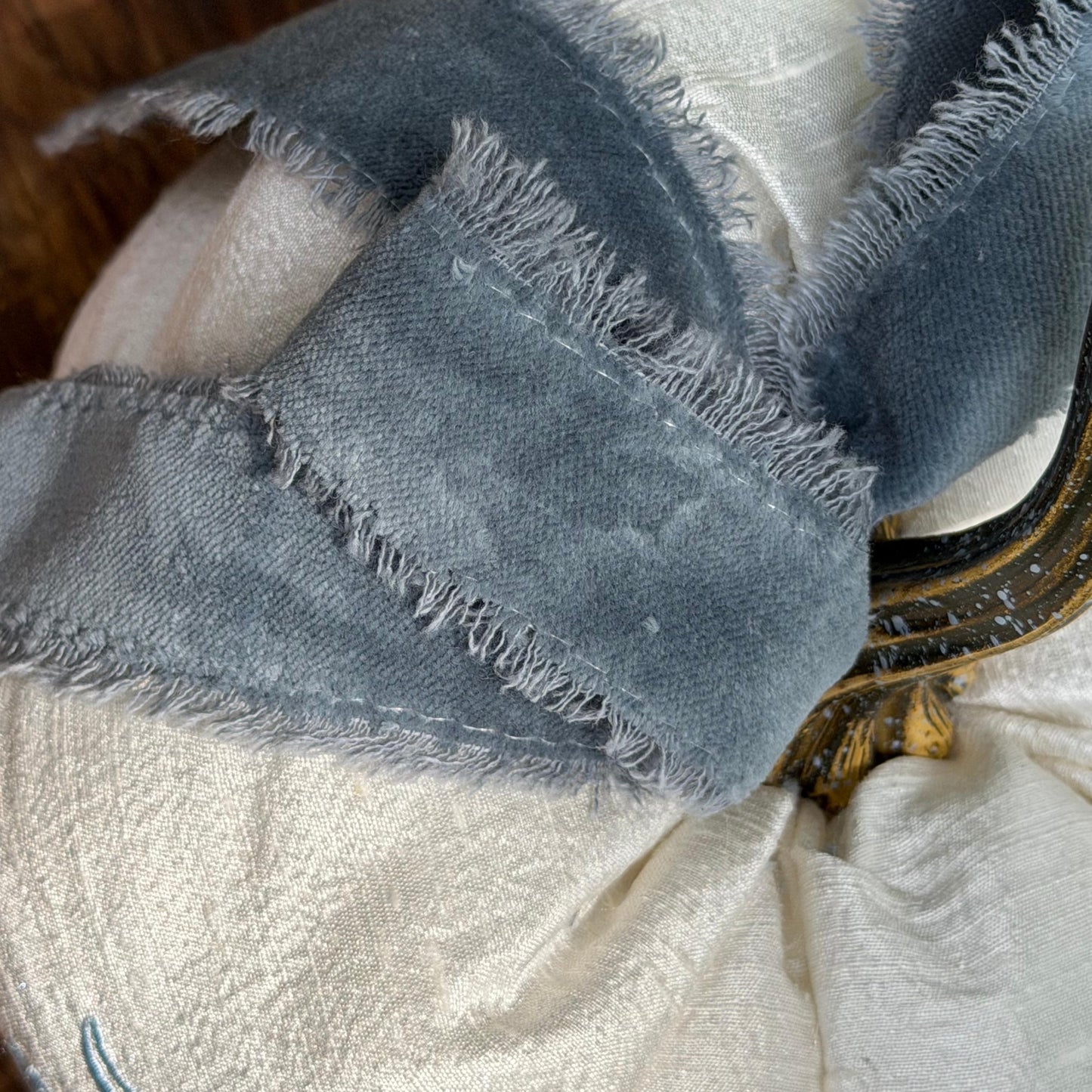 Top detail of the blue velvet bow on the Chateau personalized silk pumpkin