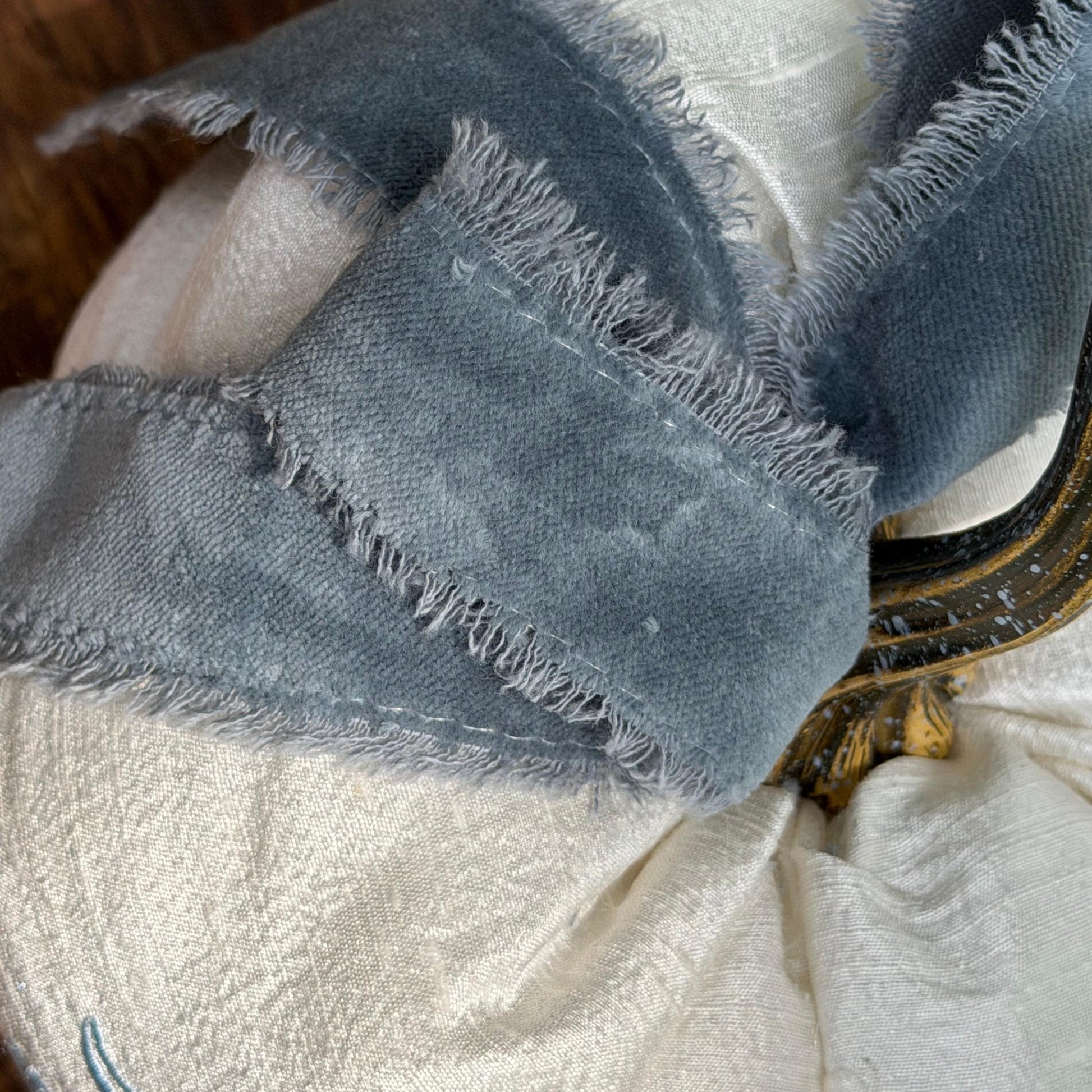 Top detail of the blue velvet bow on the Chateau personalized silk pumpkin