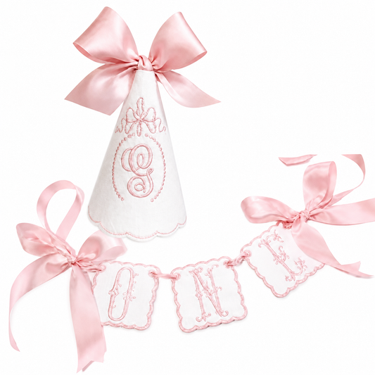 Pearls and Bows monogram linen first birthday party hat and coordinating ONE high chair banner set