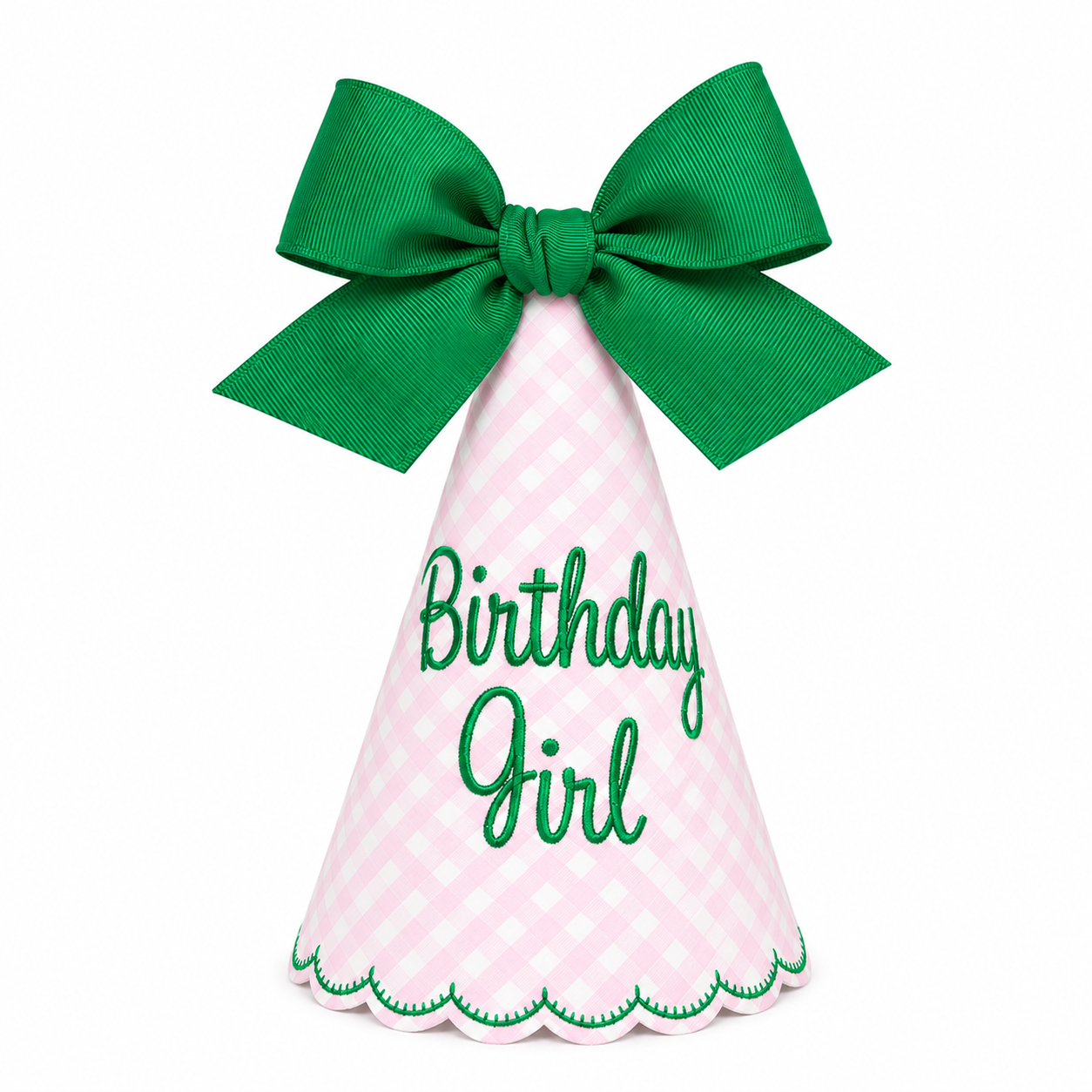 Pink gingham Birthday Girl party hat with Kelly green embroidery and grosgrain bow