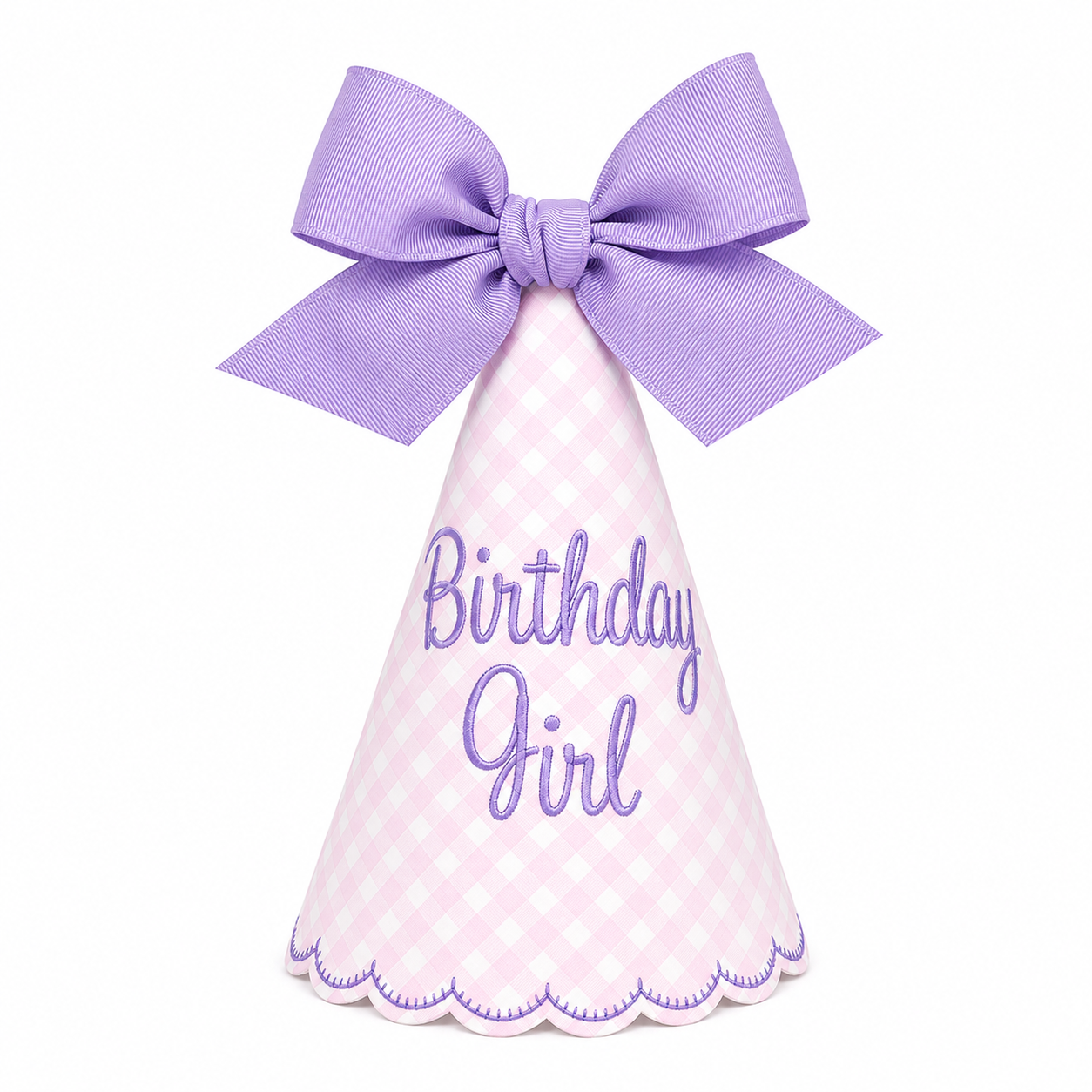 Pink gingham Birthday Girl party hat with lavender embroidery and grosgrain bow