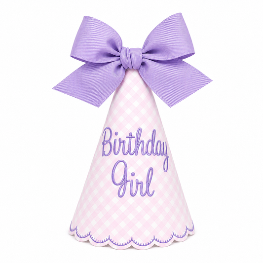 Pink gingham Birthday Girl party hat with lavender embroidery and grosgrain bow