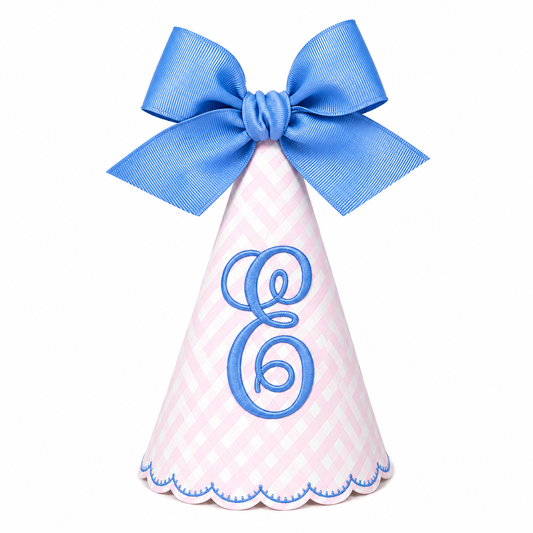 Pink gingham monogrammed party hat with script initial and periwinkle bow topper