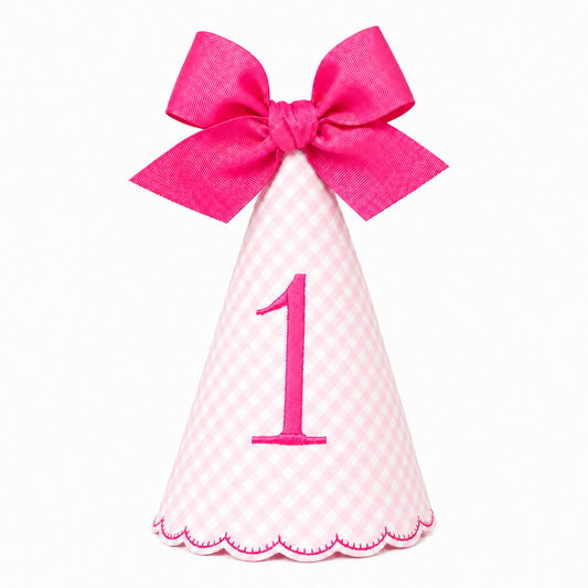 Pink gingham first birthday party hat with hot pink embroidered number one and bow topper