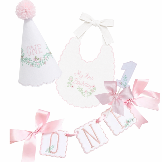 Pink Southern Floral complete 4-piece first birthday set with personalized hat, My First Birthday bib, ONE banner and cake topper