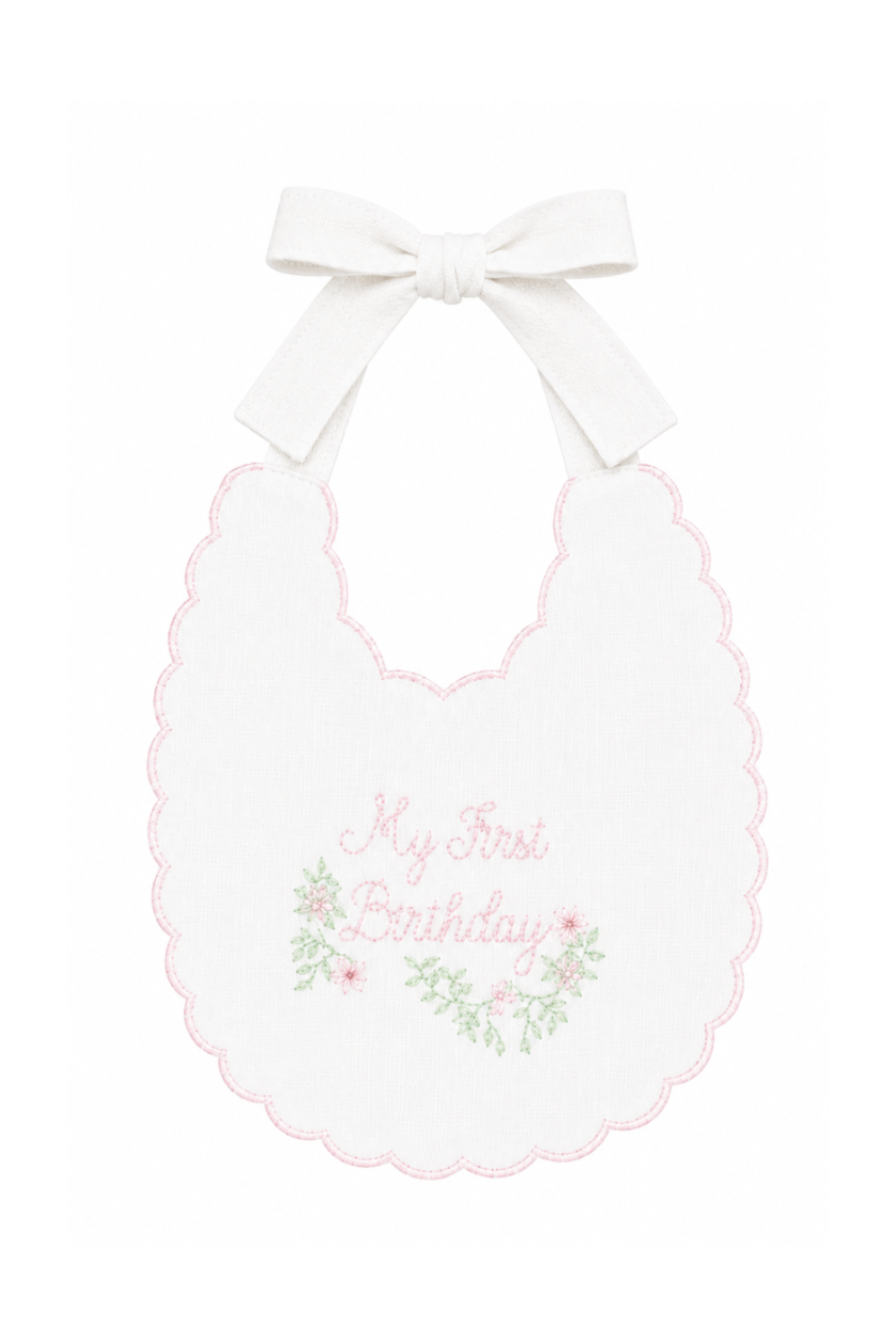 Pink Southern Floral linen first birthday bib with My First Birthday embroidery and pink floral details