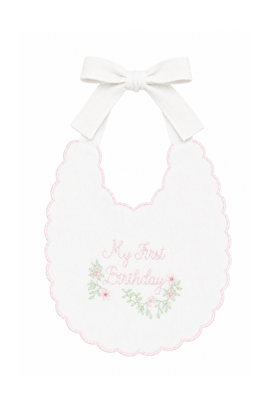 Pink Southern Floral linen first birthday bib with My First Birthday embroidery and pink floral details