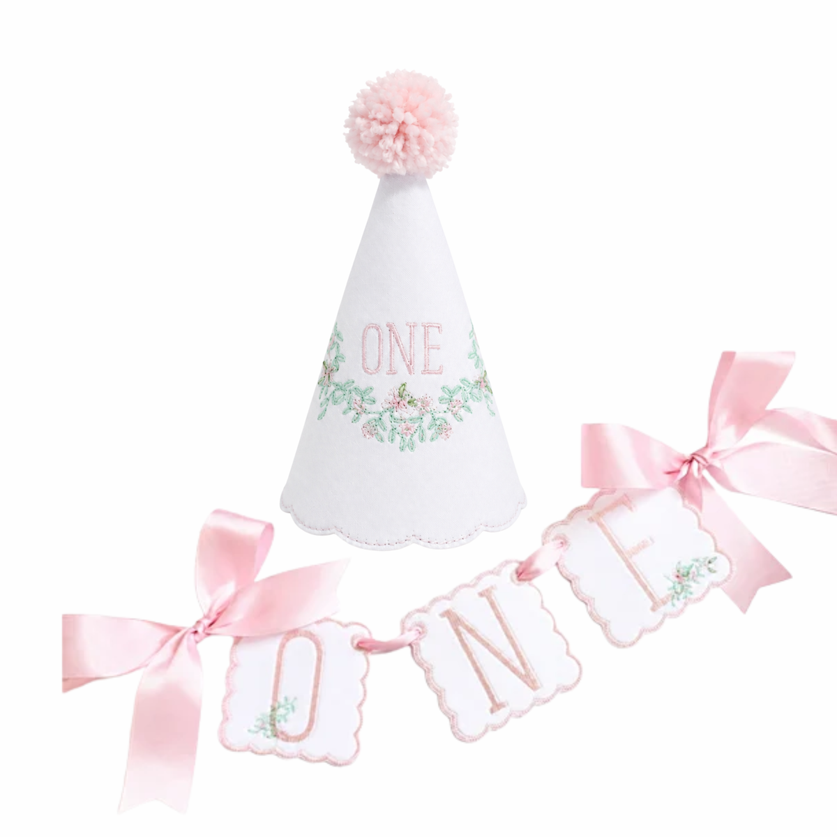 Pink Southern Floral personalized linen first birthday party hat and coordinating ONE high chair banner set