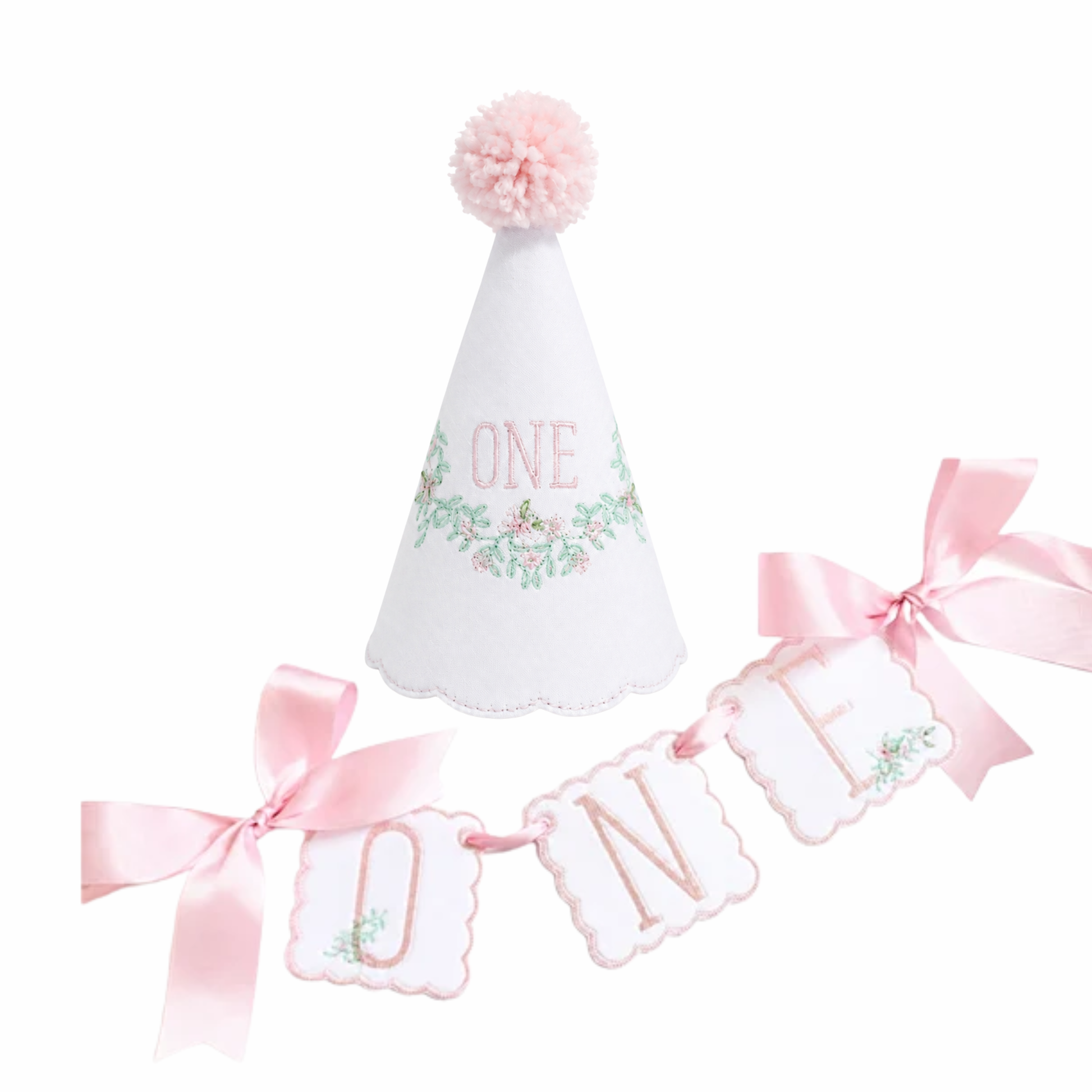 Pink Southern Floral personalized linen first birthday party hat and coordinating ONE high chair banner set