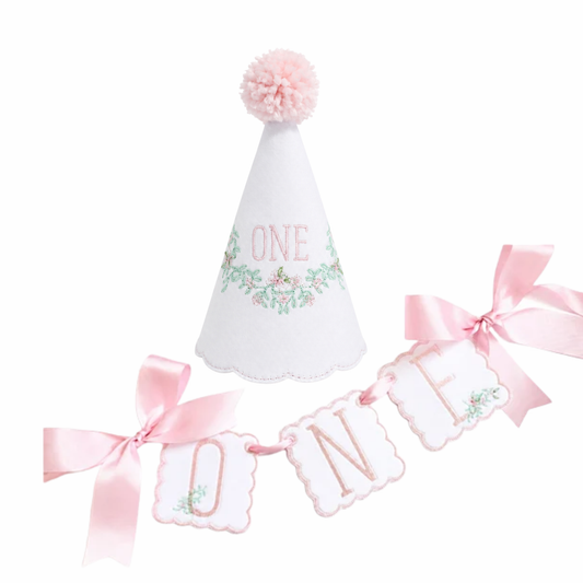 Pink Southern Floral personalized linen first birthday party hat and coordinating ONE high chair banner set