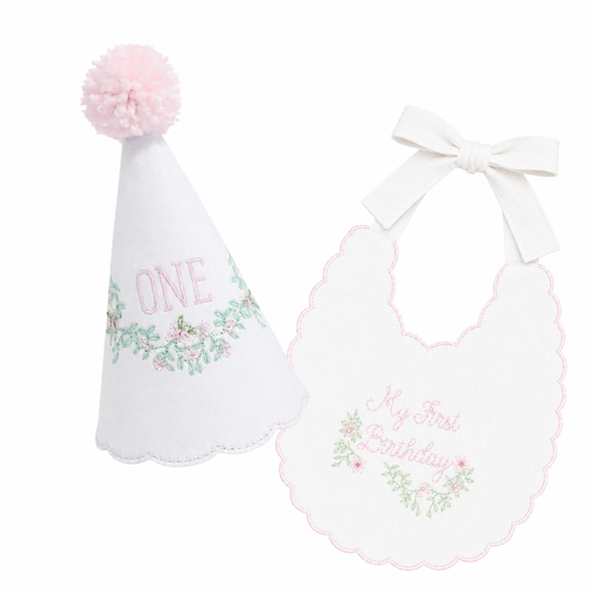 Pink Southern Floral personalized linen first birthday party hat and coordinating birthday bib set