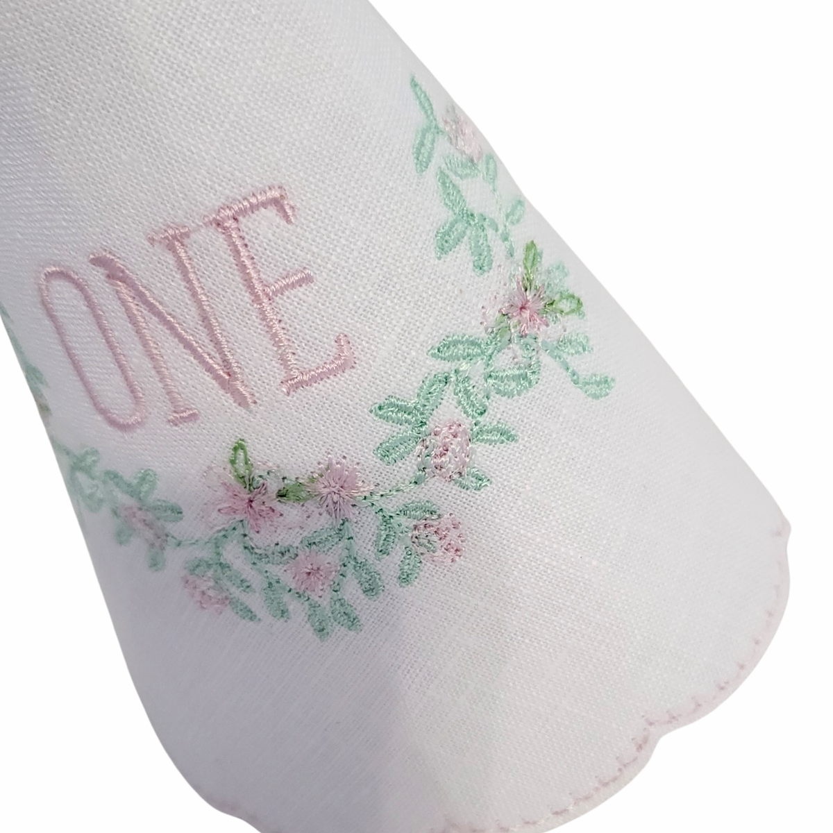 Pink Southern Floral personalized linen first birthday party hat and coordinating bib set