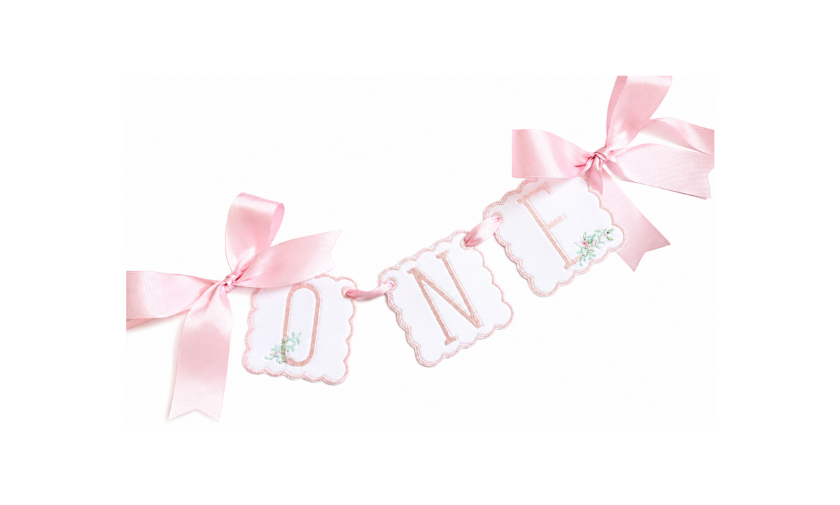 Pink Southern Floral ONE first birthday high chair banner with pink floral embroidery