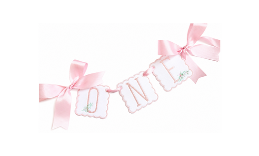 Pink Southern Floral ONE first birthday high chair banner with pink floral embroidery