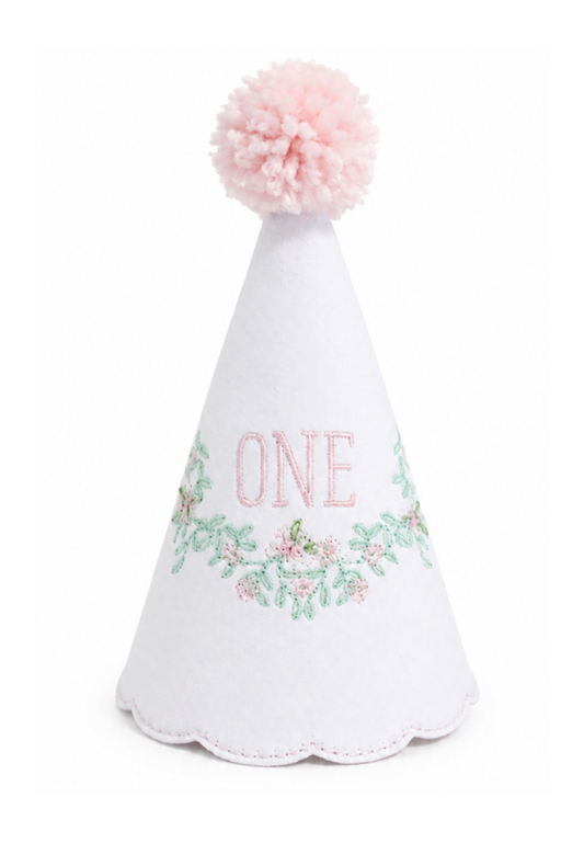 Pink Southern Floral personalized linen first birthday party hat with pink floral embroidery and pink pom pom