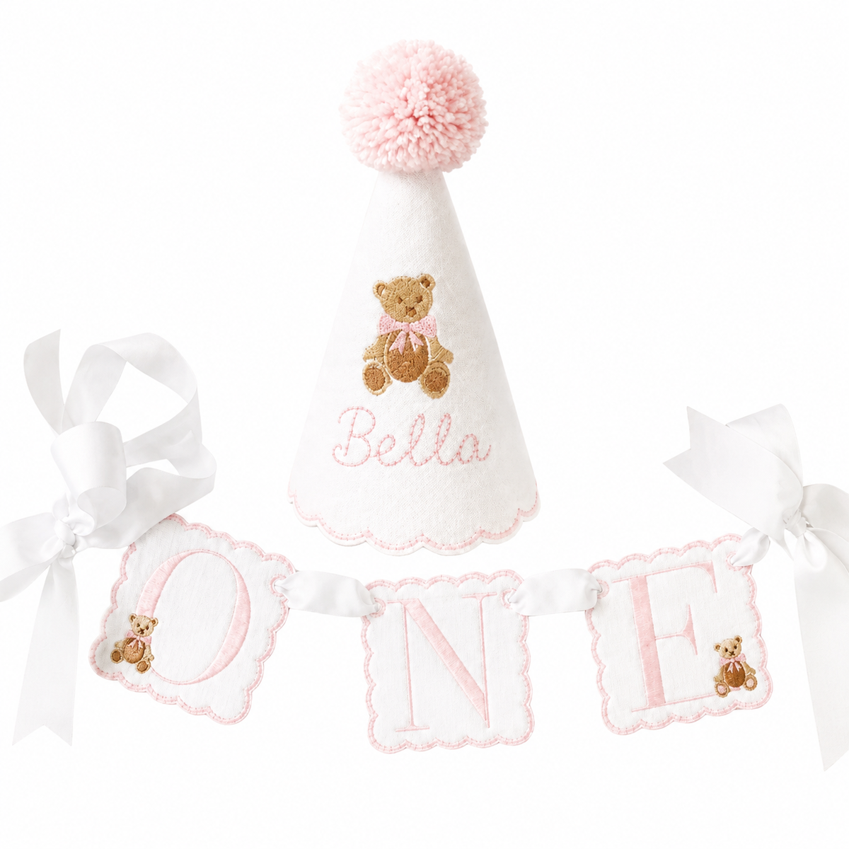 Pink Teddy Bear personalized linen first birthday party hat and coordinating ONE high chair banner set