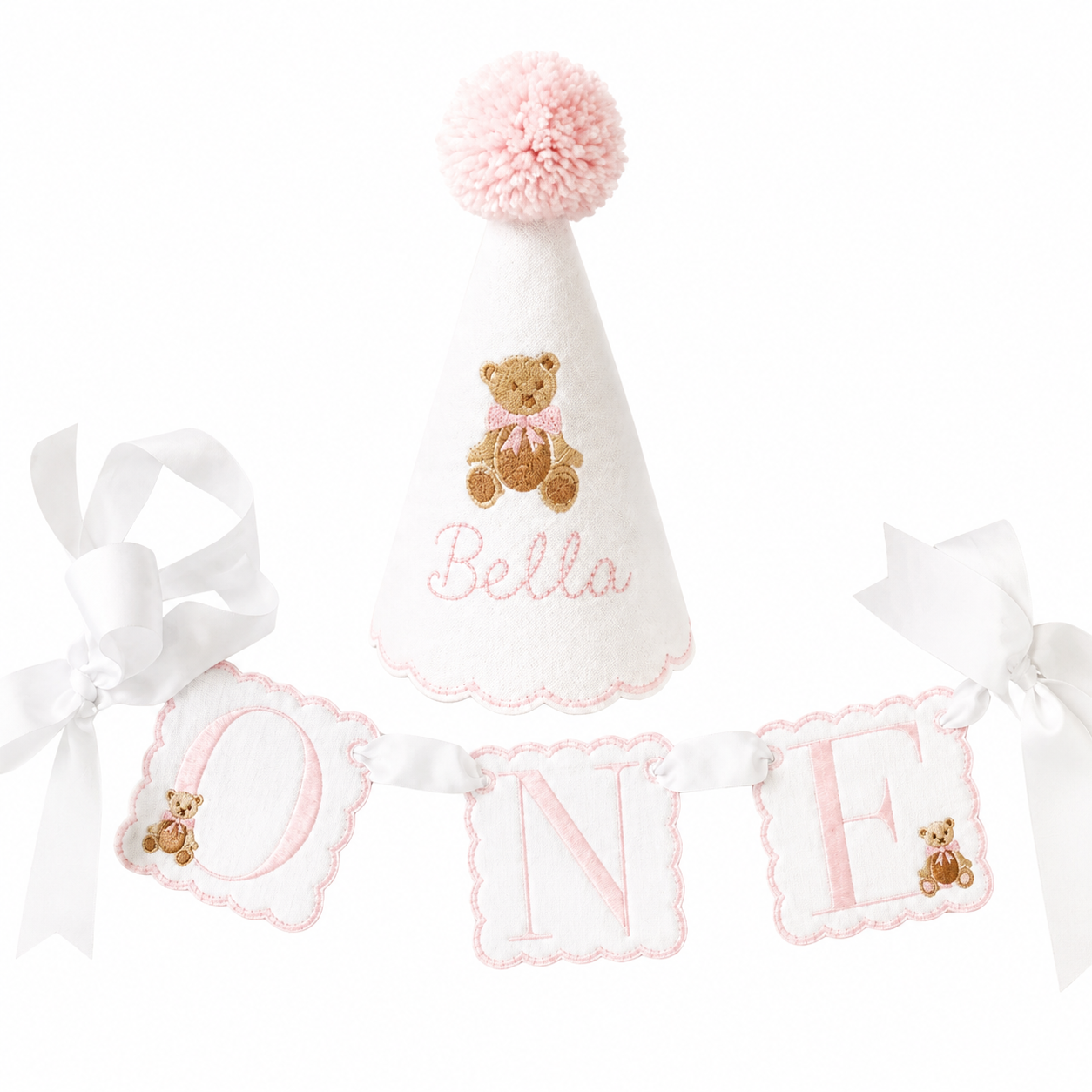 Pink Teddy Bear personalized linen first birthday party hat and coordinating ONE high chair banner set