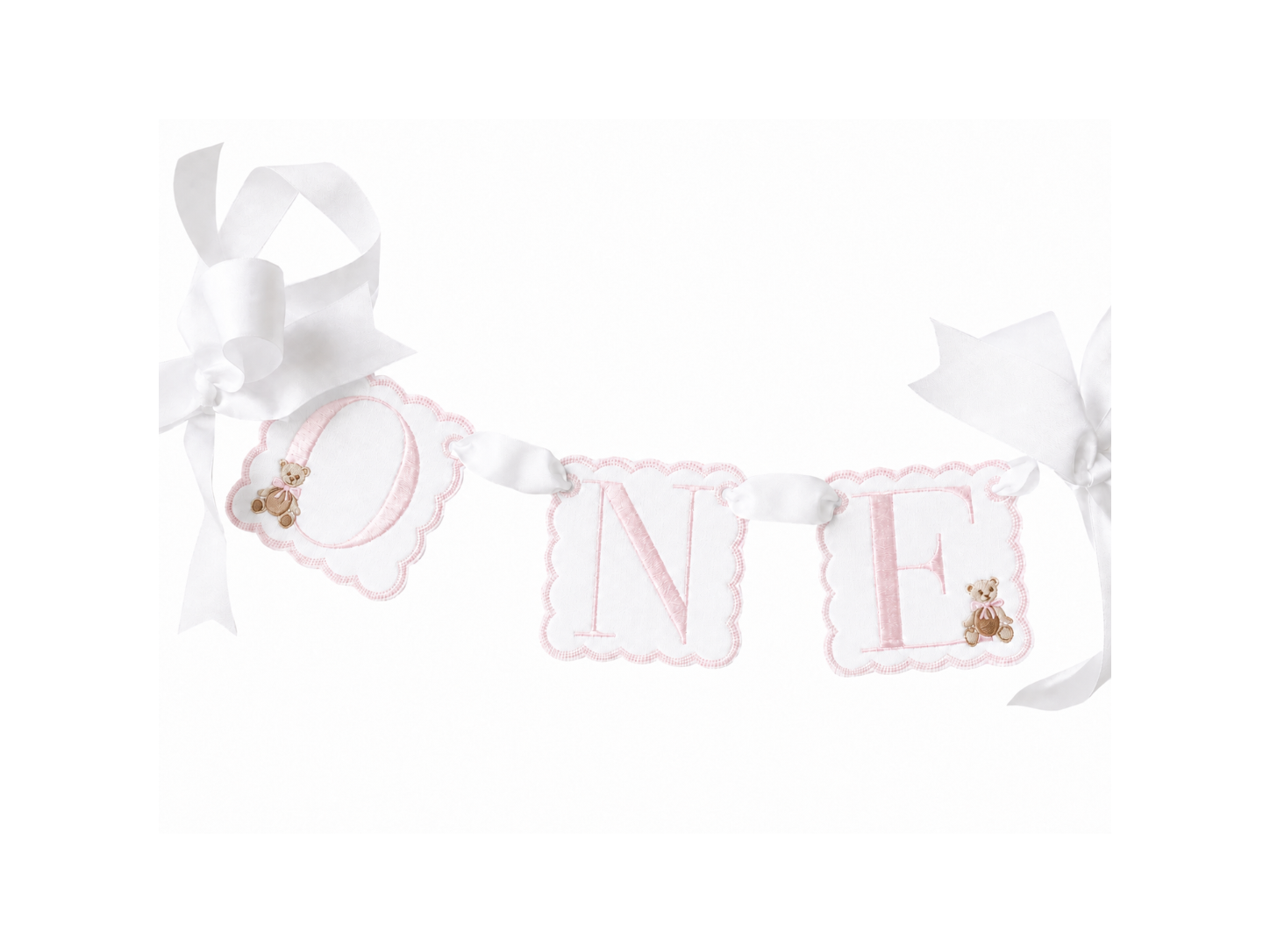 Pink Teddy Bear linen ONE first birthday high chair banner with pink teddy bear embroidery