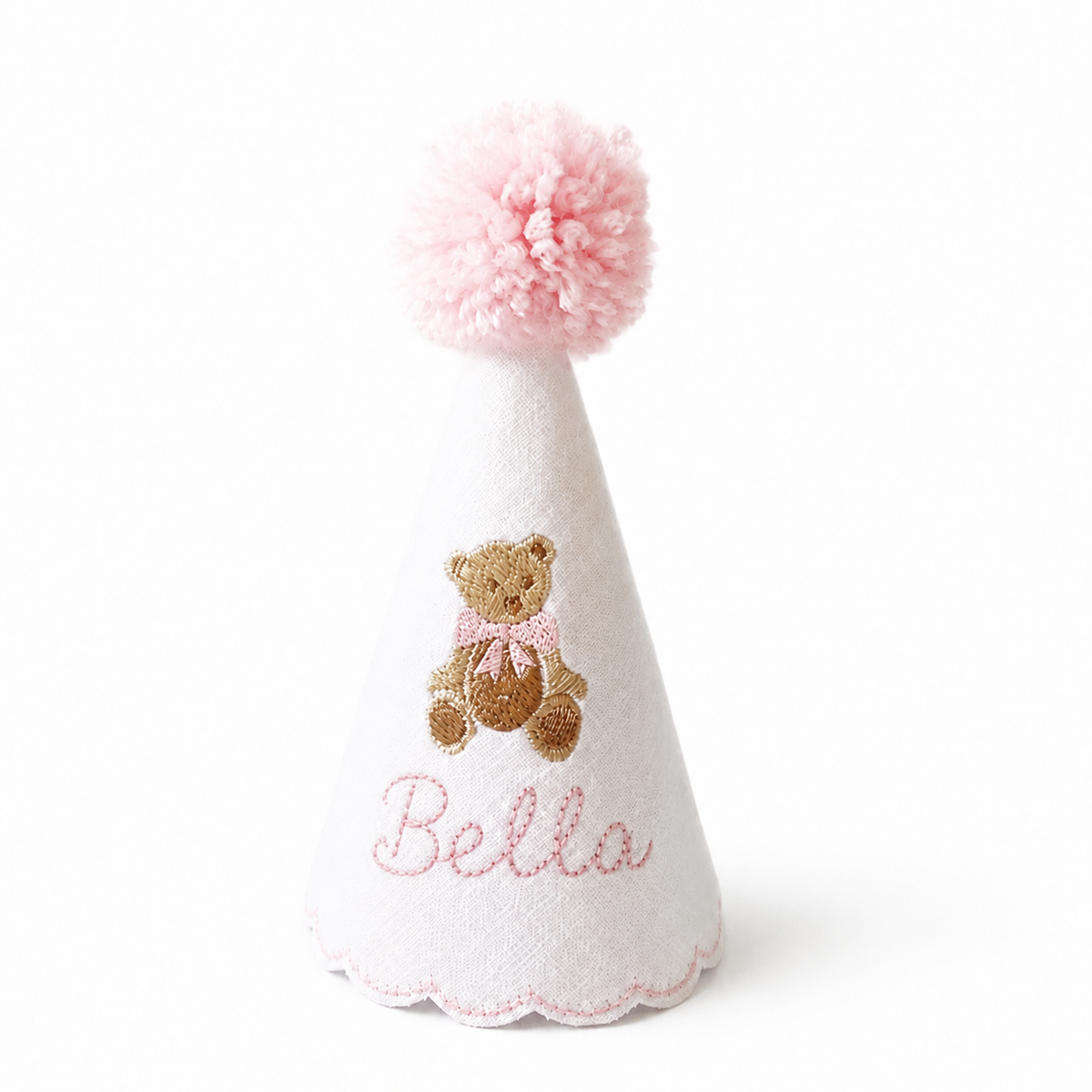 Pink Teddy Bear personalized linen first birthday party hat with light pink pom pom and scalloped trim