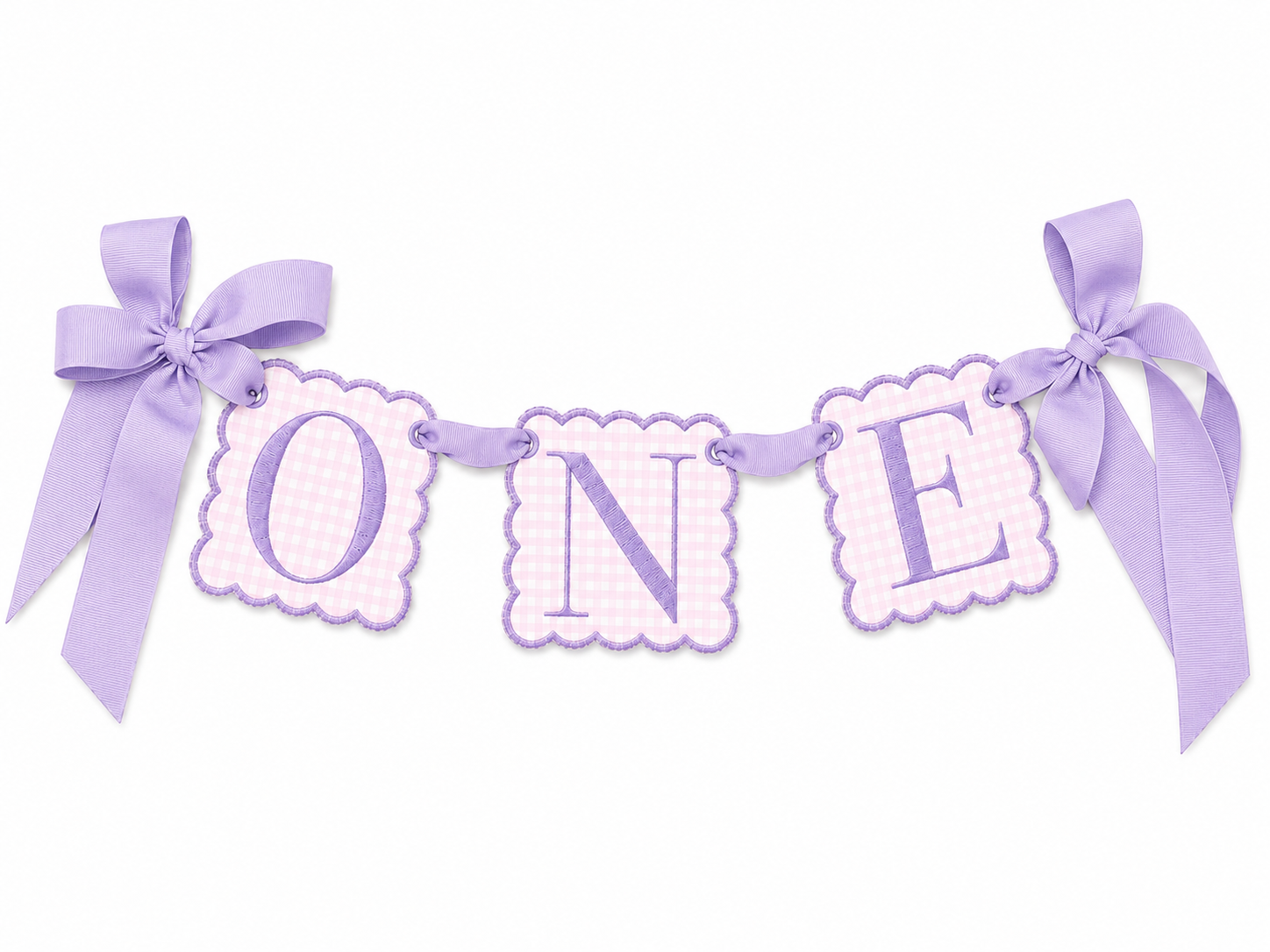 Pink gingham ONE high-chair banner with lavender embroidery and grosgrain ribbon