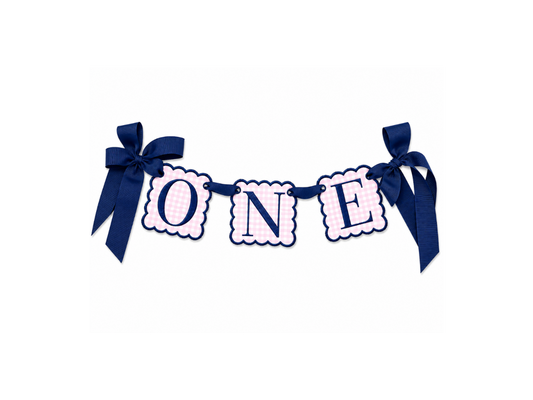 Pink gingham ONE high-chair banner with navy embroidery and grosgrain ribbon