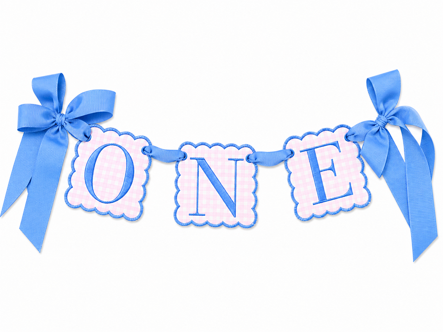Pink gingham ONE high-chair banner with bluebird embroidery and grosgrain ribbon