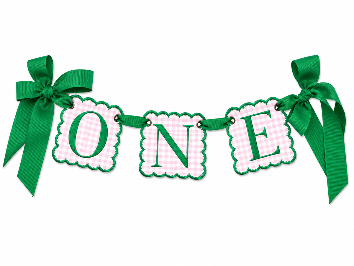 Pink gingham ONE high-chair banner with Kelly green embroidery and grosgrain ribbon