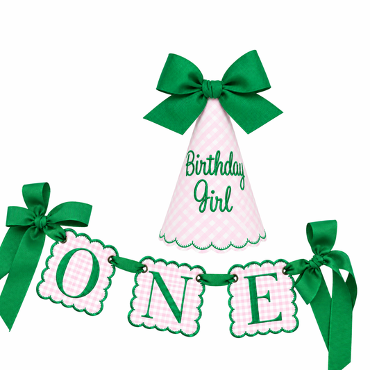Pink gingham Birthday Girl hat and ONE high-chair banner set with Kelly green details