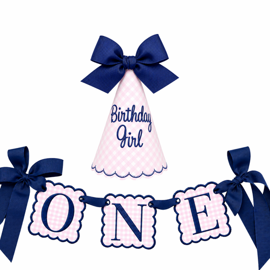 Pink gingham Birthday Girl hat and ONE high-chair banner set with navy blue details