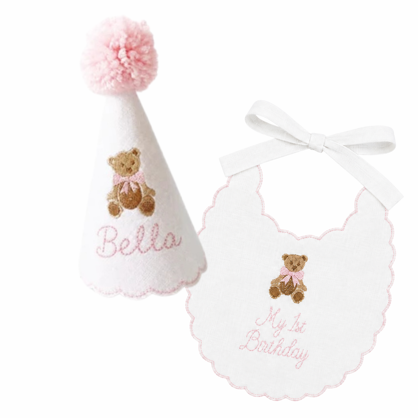 Pink Teddy Bear Name Hat & Bib Set | Personalized Linen First Birthday Set