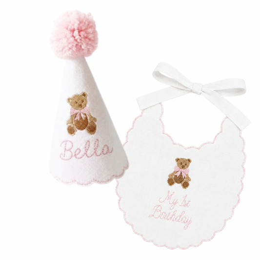 Pink Teddy Bear Name Hat & Bib Set | Personalized Linen First Birthday Set
