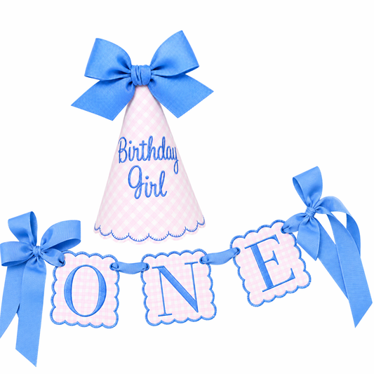 Pink gingham Birthday Girl hat and ONE high-chair banner set with bluebird details