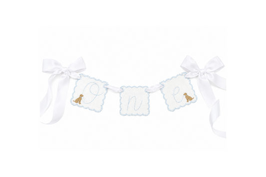 Puppy ONE first birthday high chair banner with embroidered puppy details