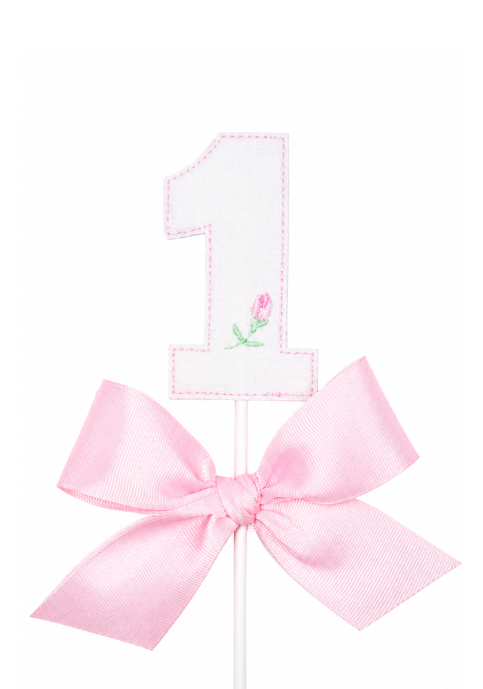Rosebud Bow first birthday cake topper with embroidered rosebud and soft pink bow