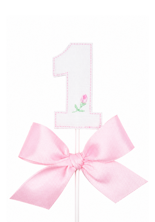 Rosebud Bow first birthday cake topper with embroidered rosebud and soft pink bow
