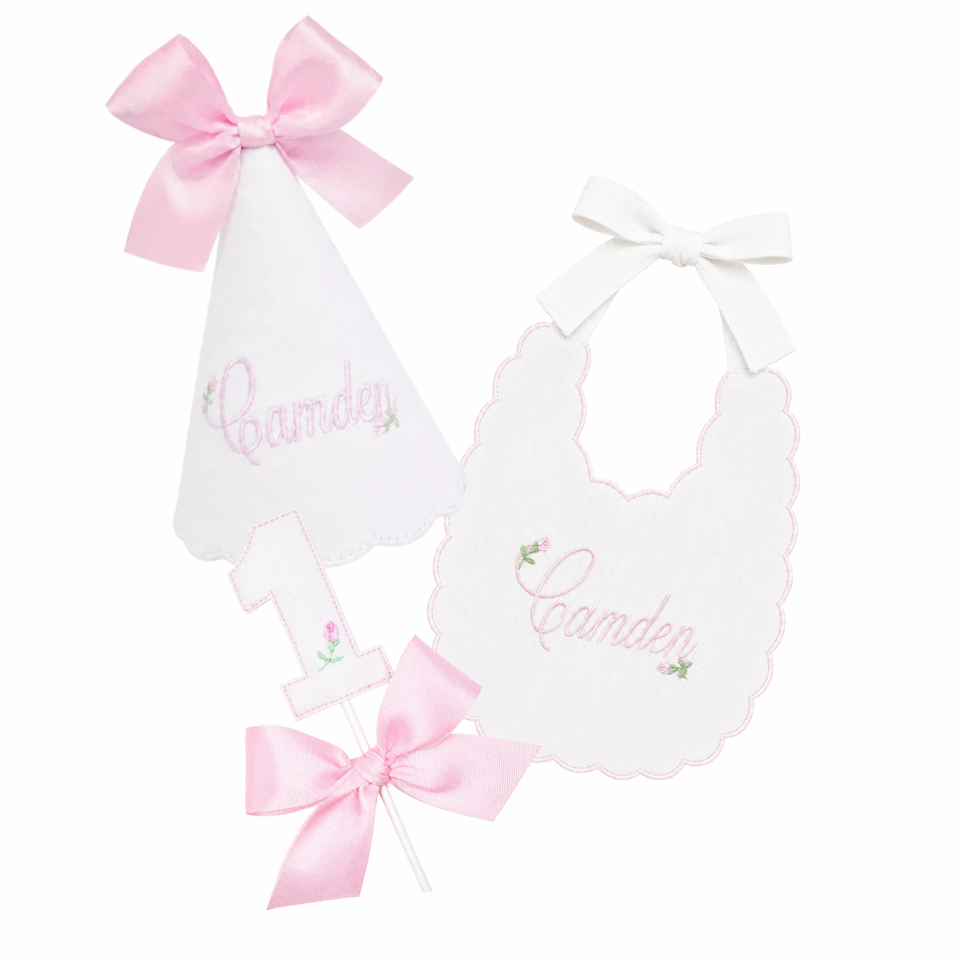 Rosebud 3-piece first birthday cake smash set with personalized rosebud party hat, name bib, and rosebud bow cake topper