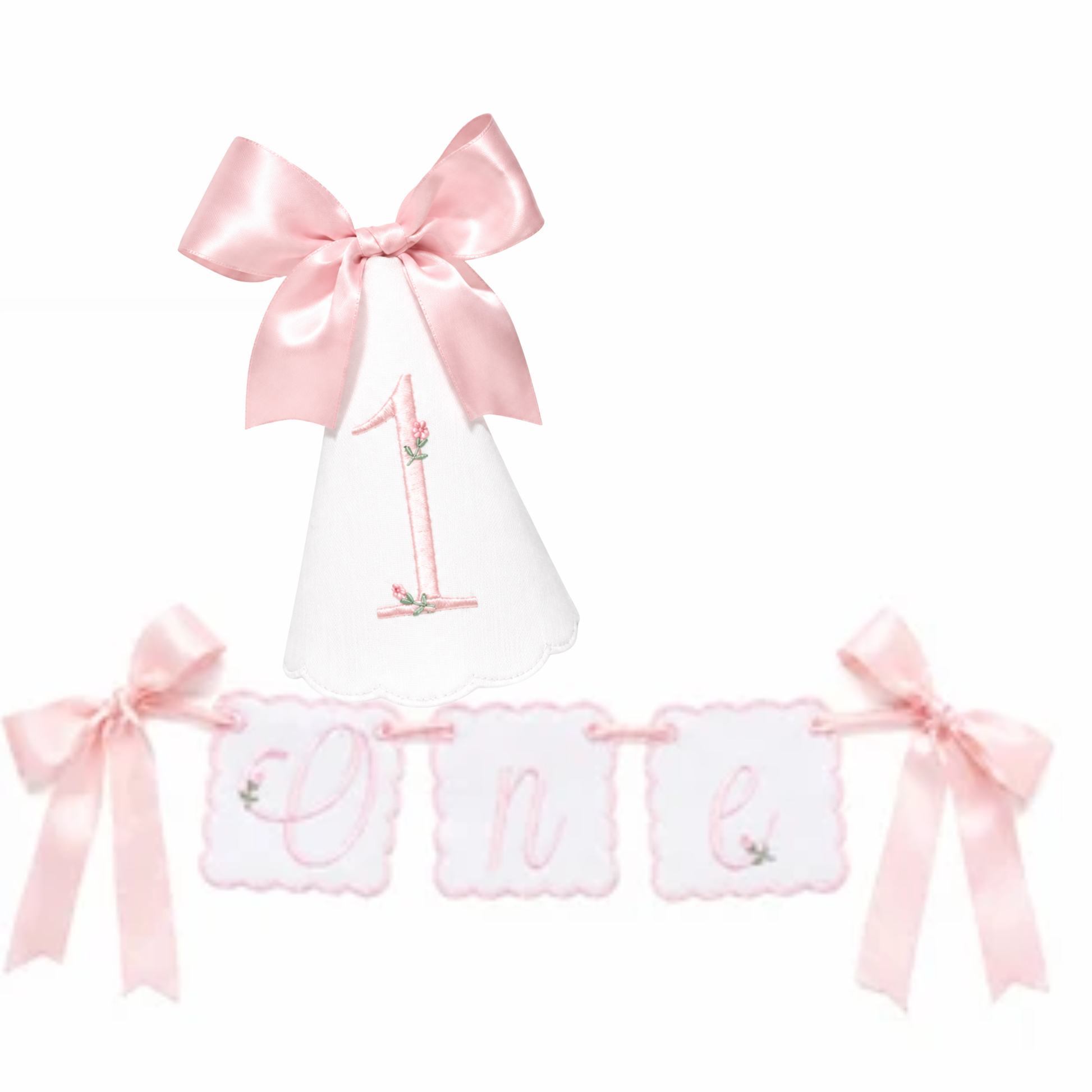 Rosette ONE linen first birthday party hat and coordinating high chair banner set