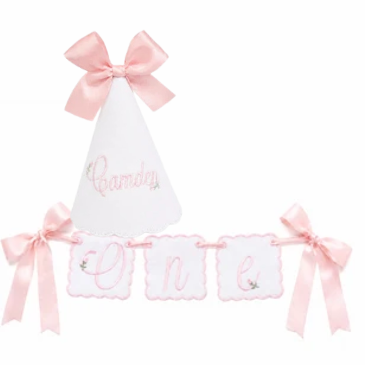Rosette personalized name linen first birthday party hat and coordinating ONE high chair banner set